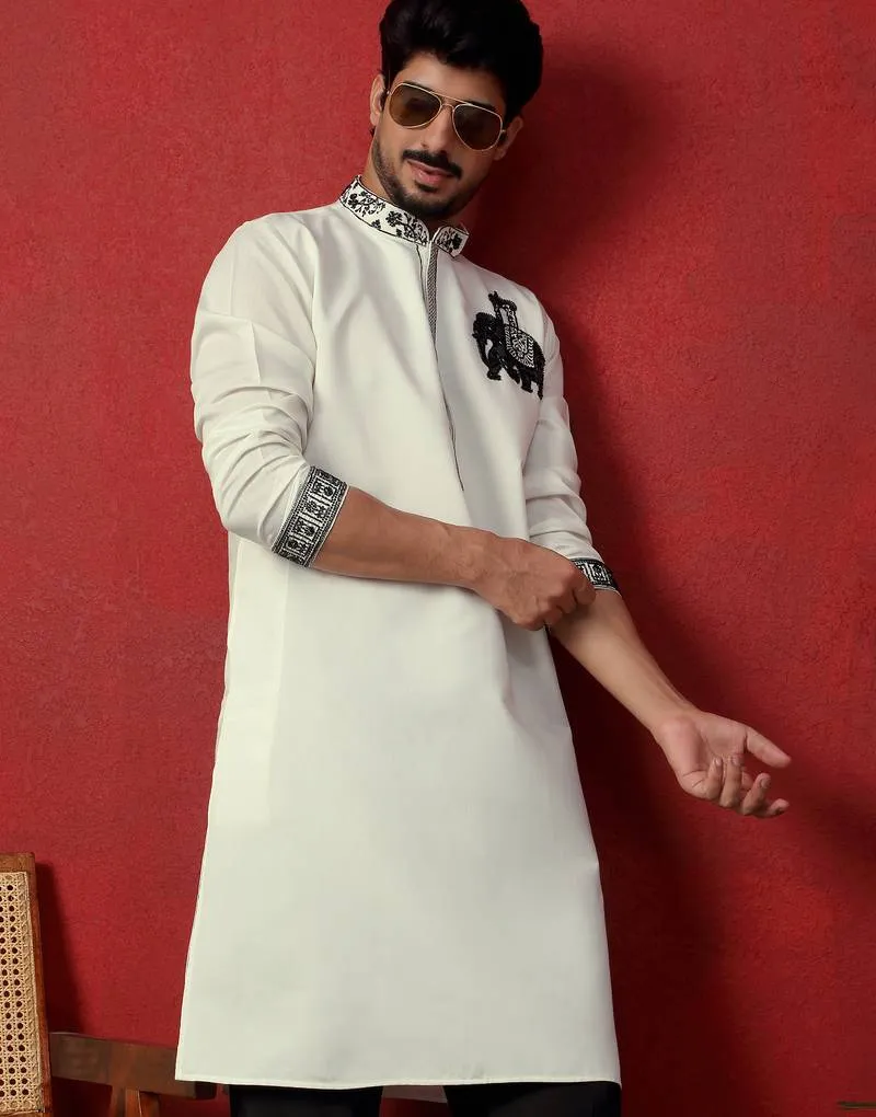 Cotton Silk Beads Work Animal Motifs Cream Kurta